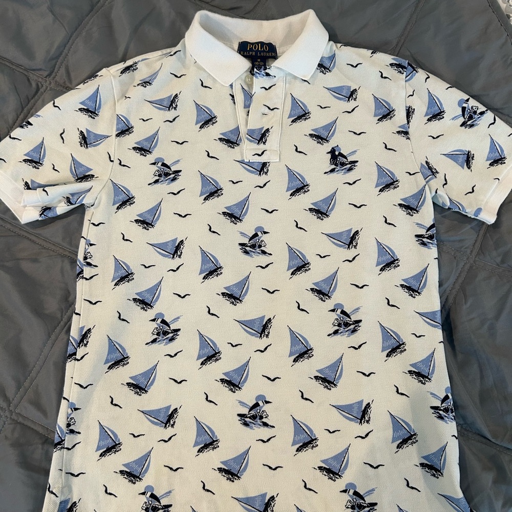 Ralph Lauren White and Blue Sailboat Print Polo Shirt